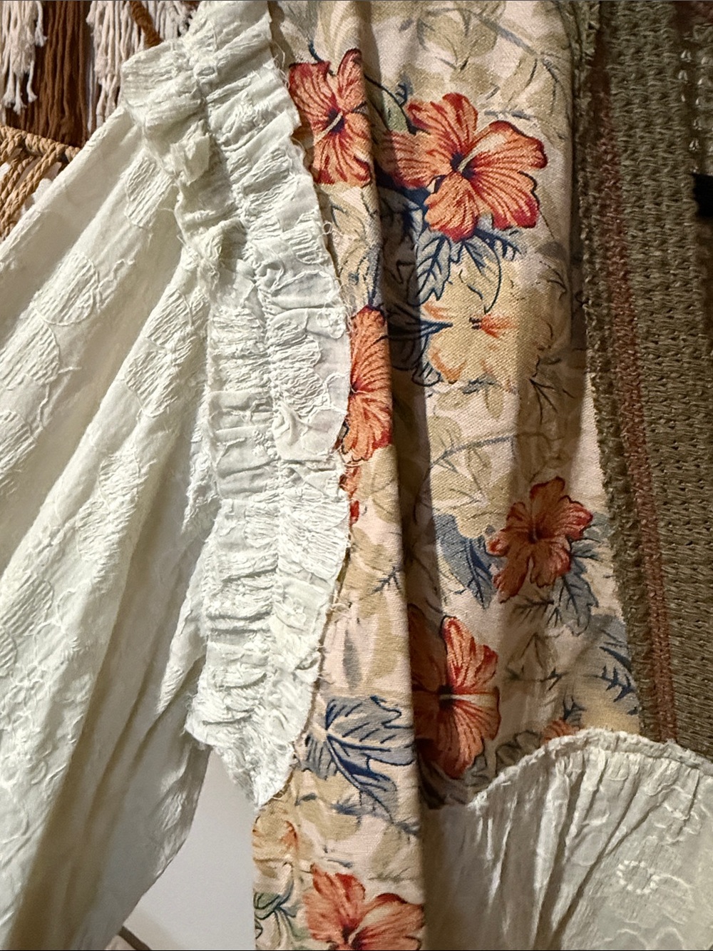 POL floral patchwork waffle knit blouse in olive and cream - Picture 3 of 5